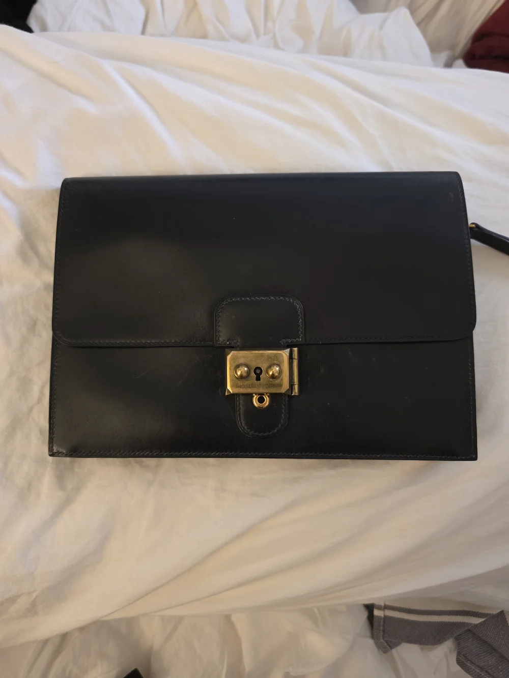Authentic Hermès Black Leather Clutch Pouchette With Strap And Sack